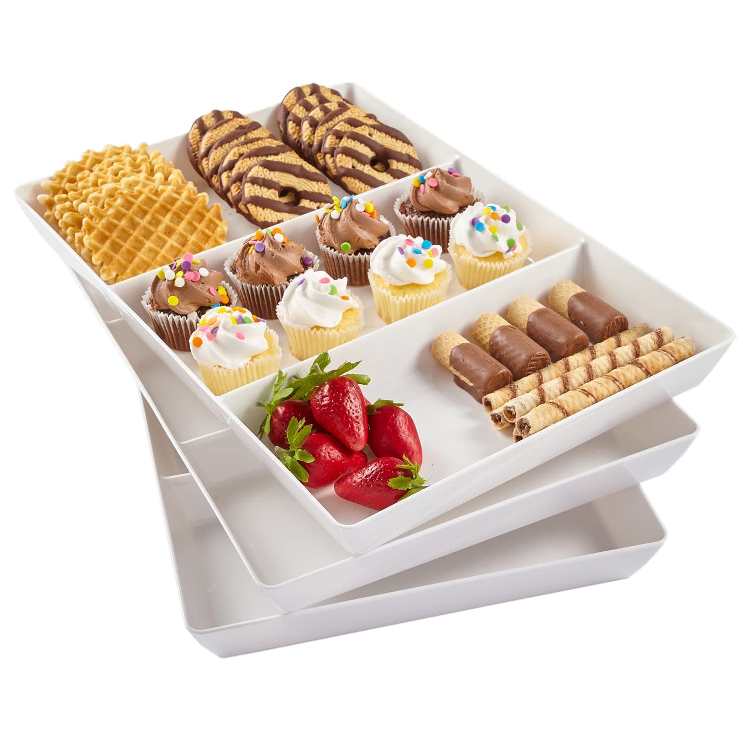 Avant White Plastic Divided Serving Trays (Set of 3) 15” x 10” | Large Reusable 3-Section Party Platters | Serve Appetizers, Fruit, Veggies, & Desserts | BPA-Free & Made in USA