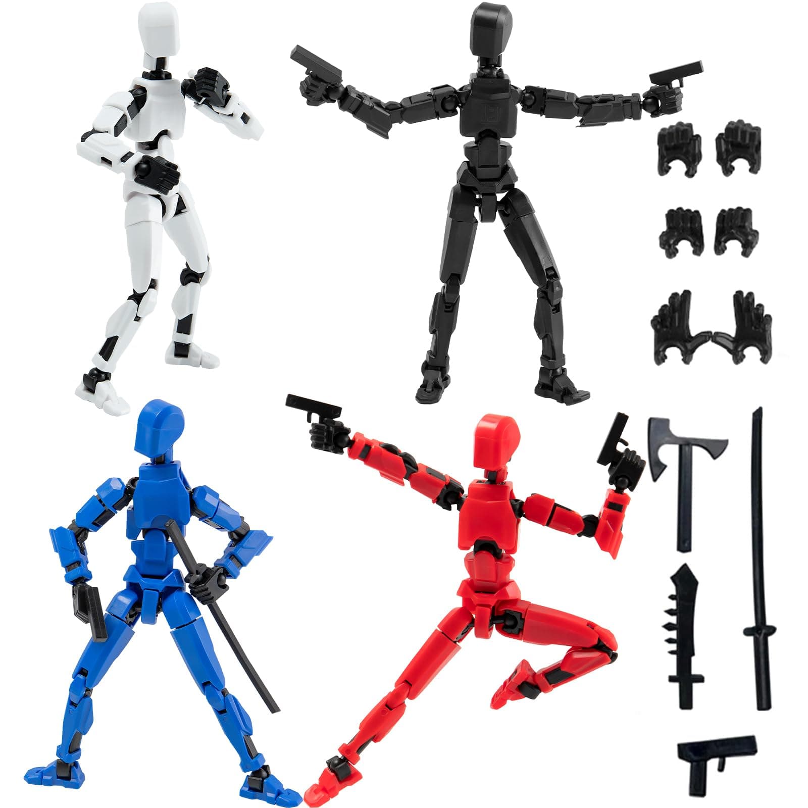 4PCS Assembled Titan T-13 Action Figures Set - Robot Action Figure Fidget Toys for Boys Lucky Dummy Nova N13 Anime Figures with Multi Movable Joints Toys for Kids (White+Black+Blue+Red)