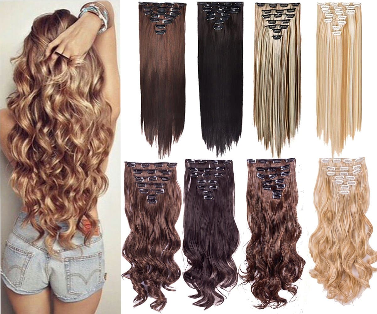 7Pcs 16 Clips 20-24 Inch Curly Straight Full Head Clip in on Hair Extensions Women Lady (20" body wave, Light brown)