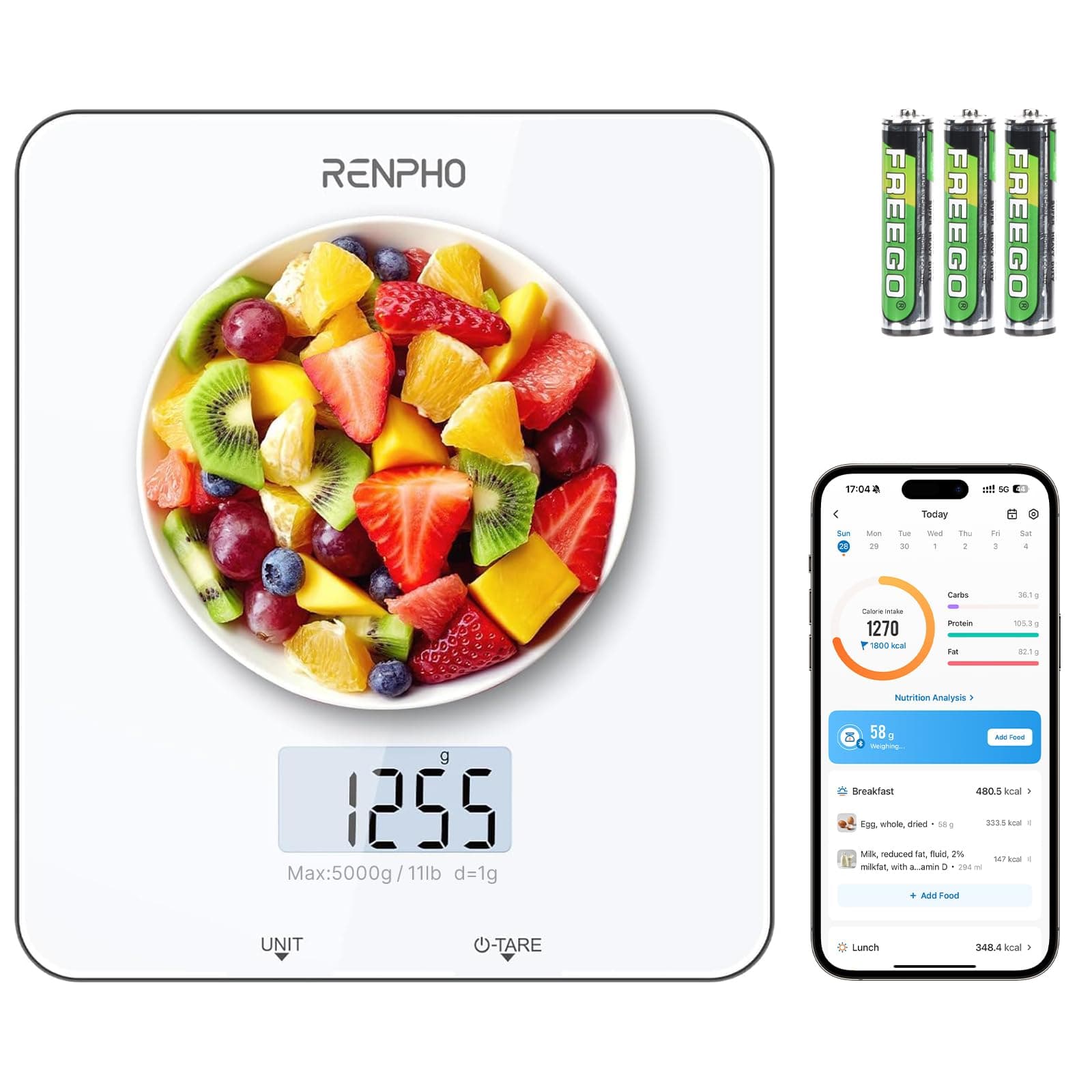 Food Scale with Nutritional Calculator, Digital Kitchen Scale for Weight Loss, Smart Food Weight Scale with App for Macro Keto Calorie Cooking, Grams and Ounces, White, 11lb/5kg