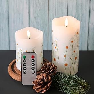 White Floral Flameless Pillar Candles with Remote, Flickering Spring Daisy Battery LED Candles Set of 2
