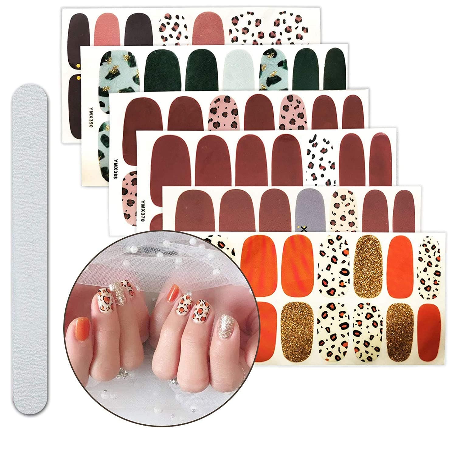 6 Sheets Full Nail Wraps Art Polish Stickers Decal Strips Adhesive False Nail Design Manicure Set with 1Pc Nail Buffers Files for Women Girls