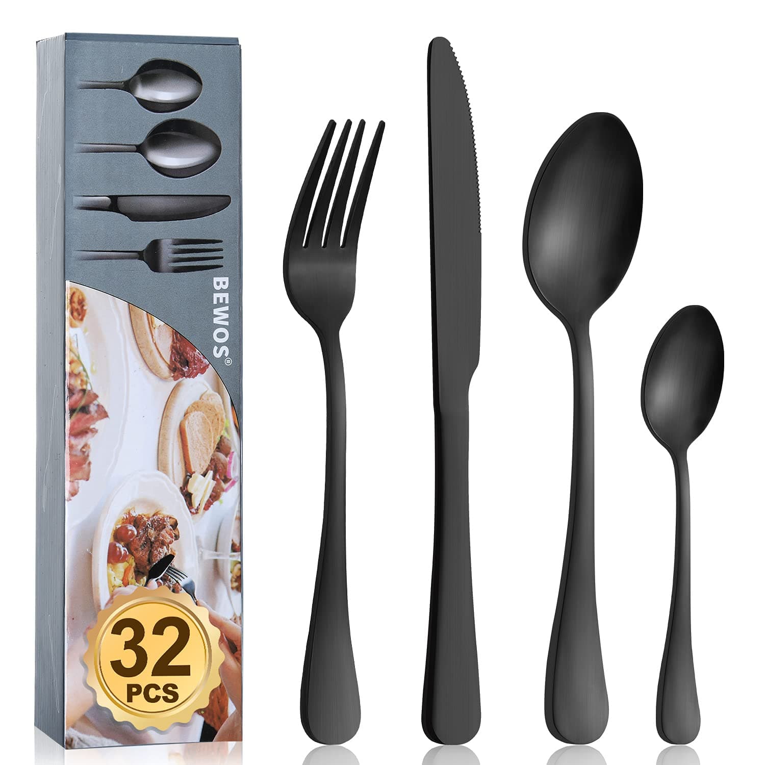 Cutlery Set, BEWOS 32 Piece Stainless Steel Flatware Set, Tableware Silverware Set with Matt Black Spoon Knife and Fork Set, Service for 8, Dishwasher Safe/Easy Clean