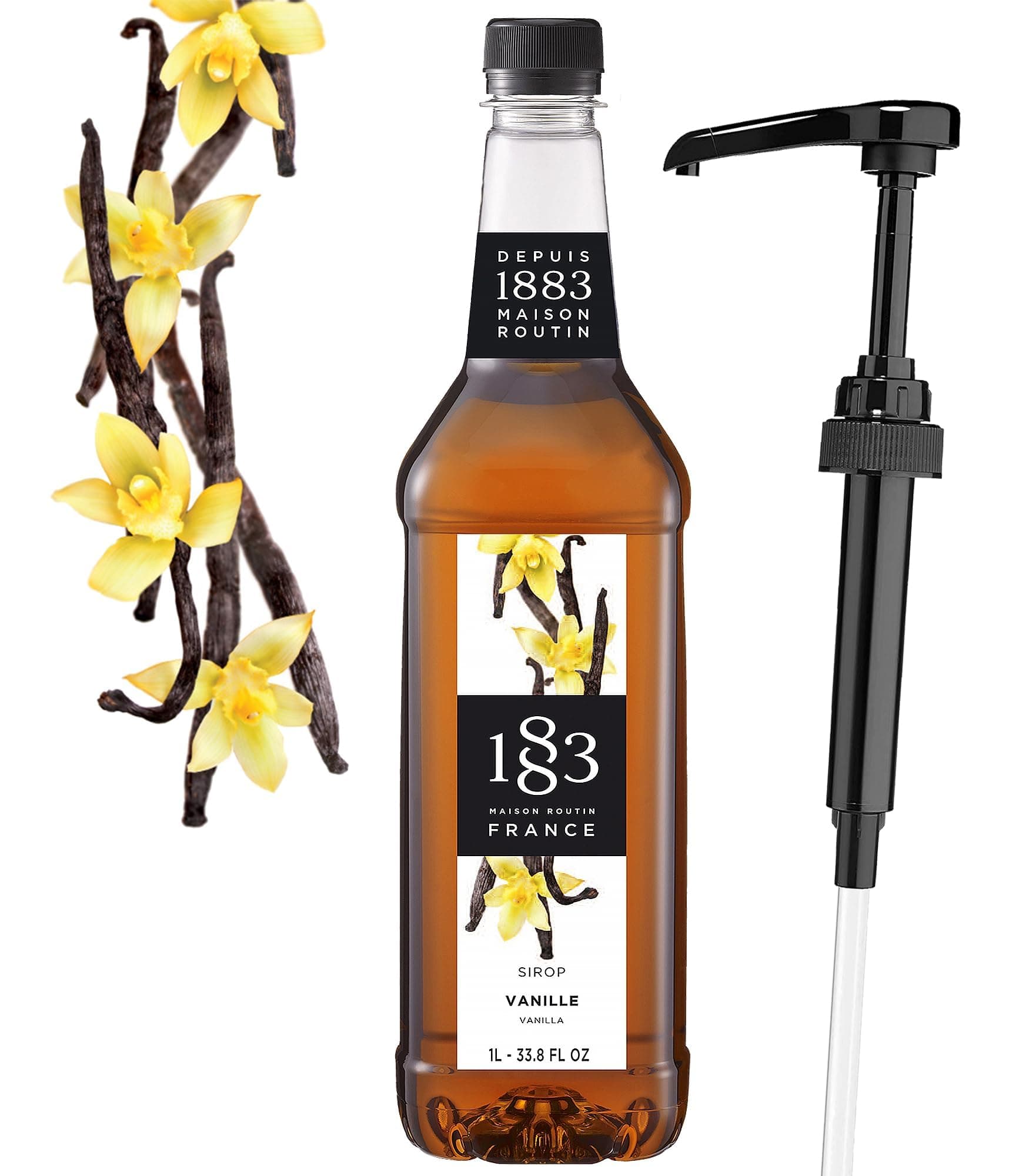 Vanilla Syrup for Coffee 33.8 Ounces with Pump - 1883 Vanilla Coffee Syrup, 1 Liter Plastic Bottle Made in France