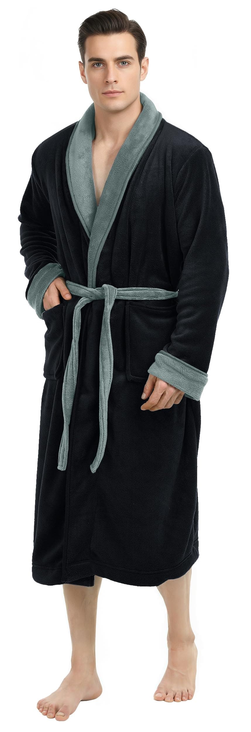 Luxurious Mens Shawl Collar Fleece Bathrobe Spa Robe