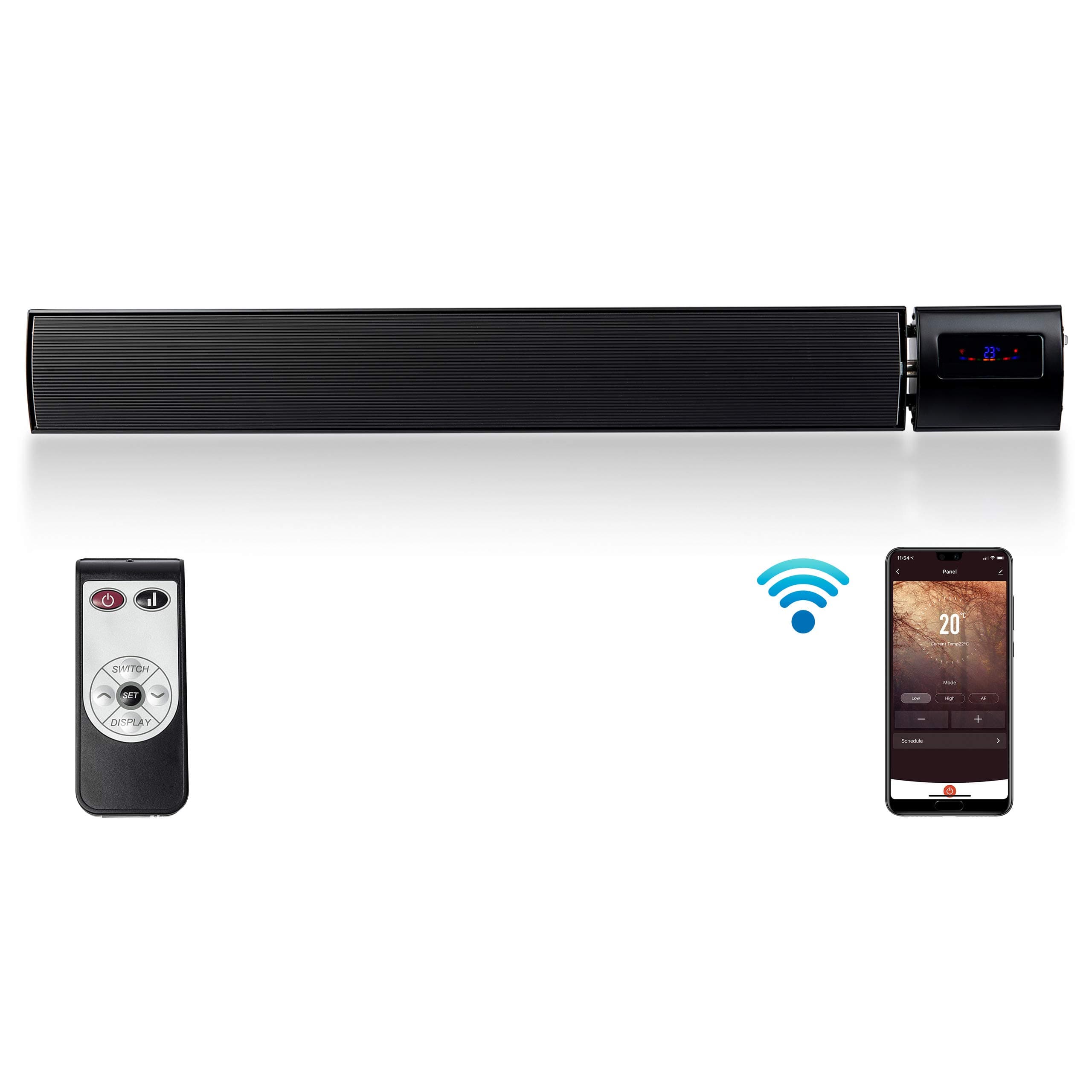 Devola Electric Radiant Patio Heater Wall Mounted Wi-Fi Enabled and Remote Control 4 Power Settings 24 Hr Timer IP44 Rated for Outdoor/Indoor Use LED Display Child Lock - DVRH1800B (1800W)