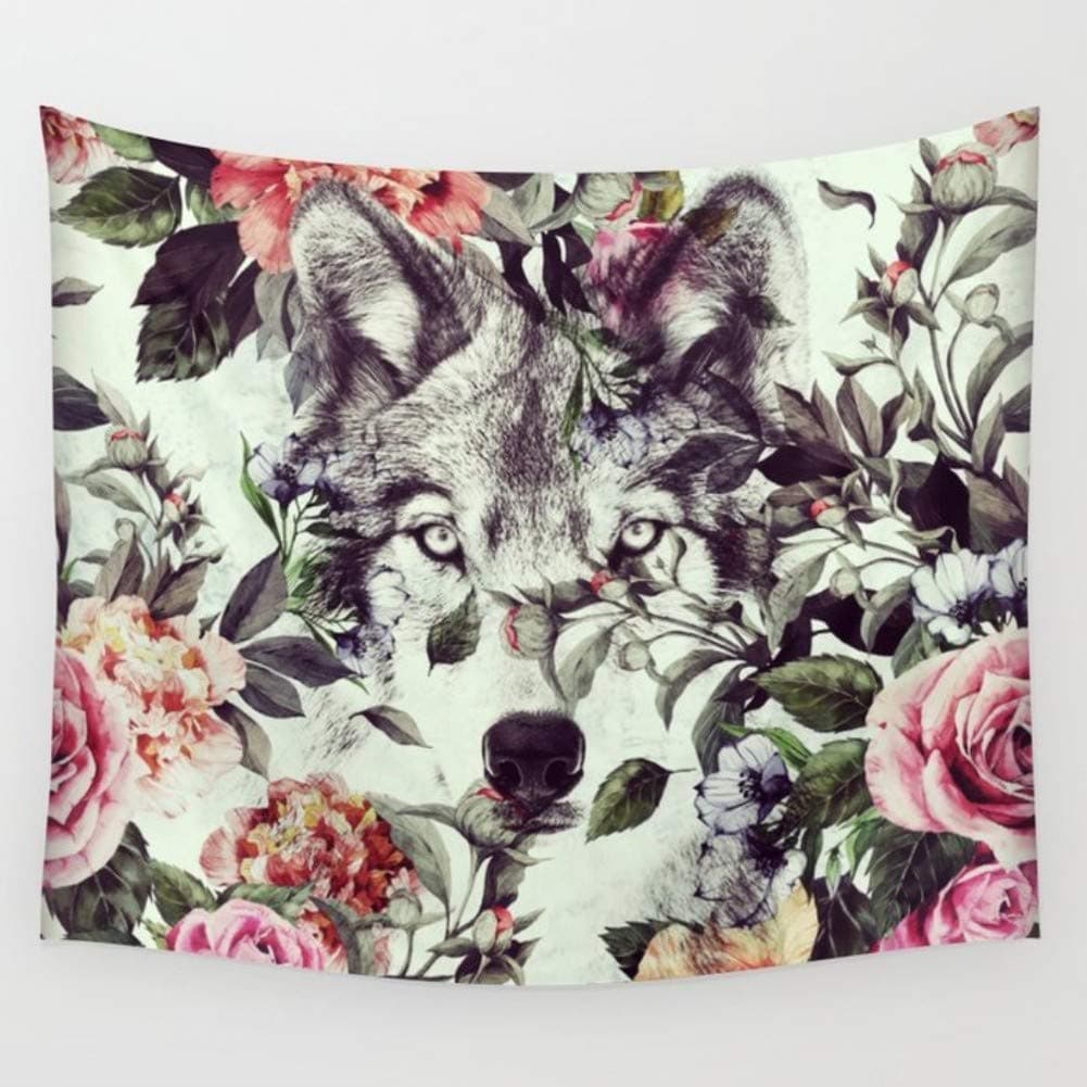 KRWHTS Wolf Tapestry Wall Hanging Boho Wolf with Colorful Flowers Feathers Rainbow Tapestries Hippie Tapestry Wall Decor