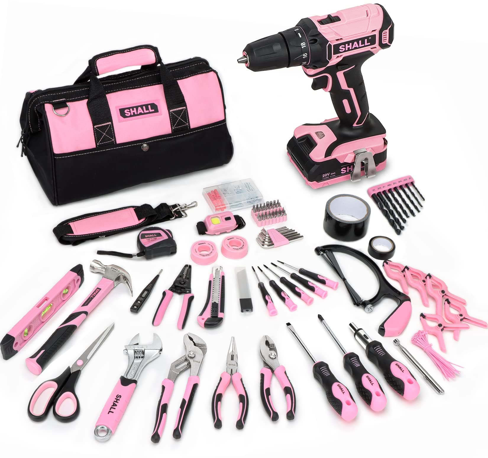 247Pcs Pink Household Tool Kit With 20V Cordless Drill