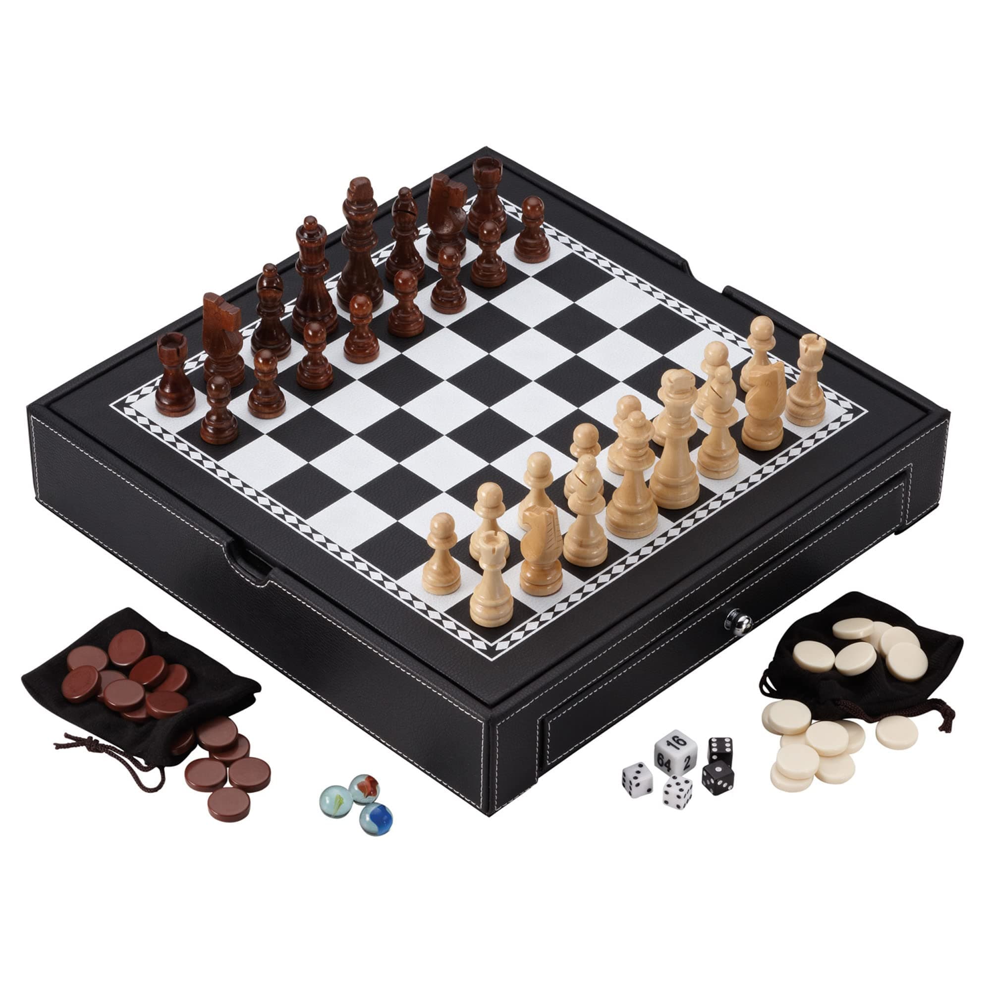 Mainstreet Classics Broadway 5-in-1 Combo Board Game Set: Chess, Checkers, Backgammon, Chinese Checkers, and Dice Games