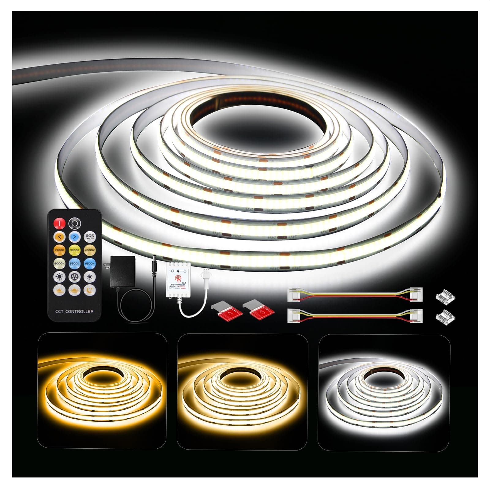 COB LED Strip Lights, Tunable White(2700K-6500K) COB LED Lights with 3040 LEDs, 24V Adapter, RF Remote, Dimmable High Density Uniform LED Strip for Bedroom, Kitchen, Cabinet, CRI90+, 16.4ft