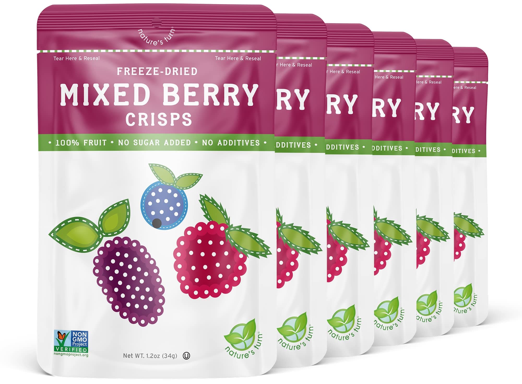 Freeze-Dried Fruit Snacks, Mixed Berry Crisps, Pack of 6 (1.2 oz Each)
