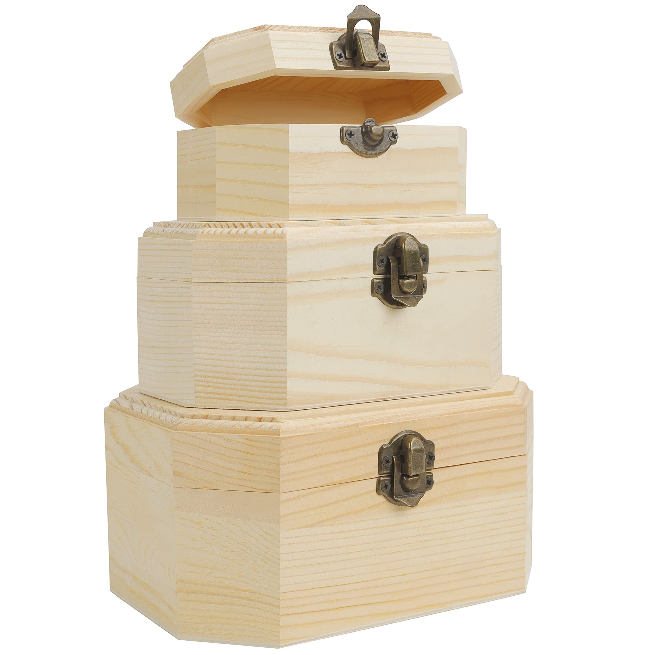 3 Pack Wood Treasure Chest - Small, Medium & Large - Plain Unfinished Wooden Storage Case with Clasp & Hinged Lid - Crafts, Art, Hobbies, Projects, Jewellery Box & Home Keepsake Storage