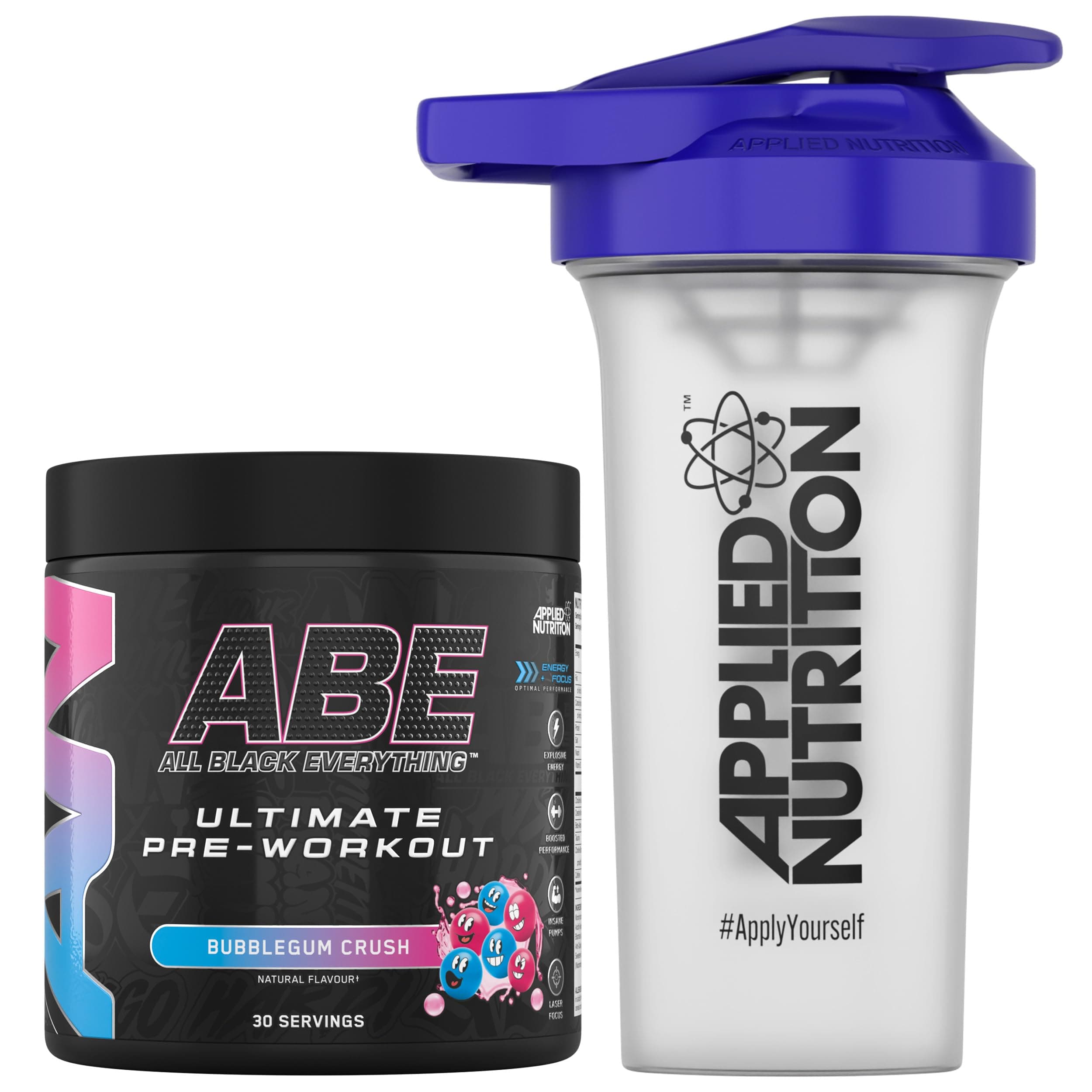 Applied Nutrition Bundle ABE Pre Workout 315g + 700ml Protein Shaker | All Black Everything Pre Workout Powder, Energy & Physical Performance with Creatine, Beta Alanine (Bubblegum Crush)
