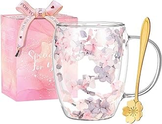 Gifts for Women Dried Flowers Double Wall Glass Coffee Mugs Cute Glass Tea Cups with Handles Christmas Birthday Gifts for Best Friend Teacher Mum Gift New Home Gift Ideas Autumn Mug Home Decor