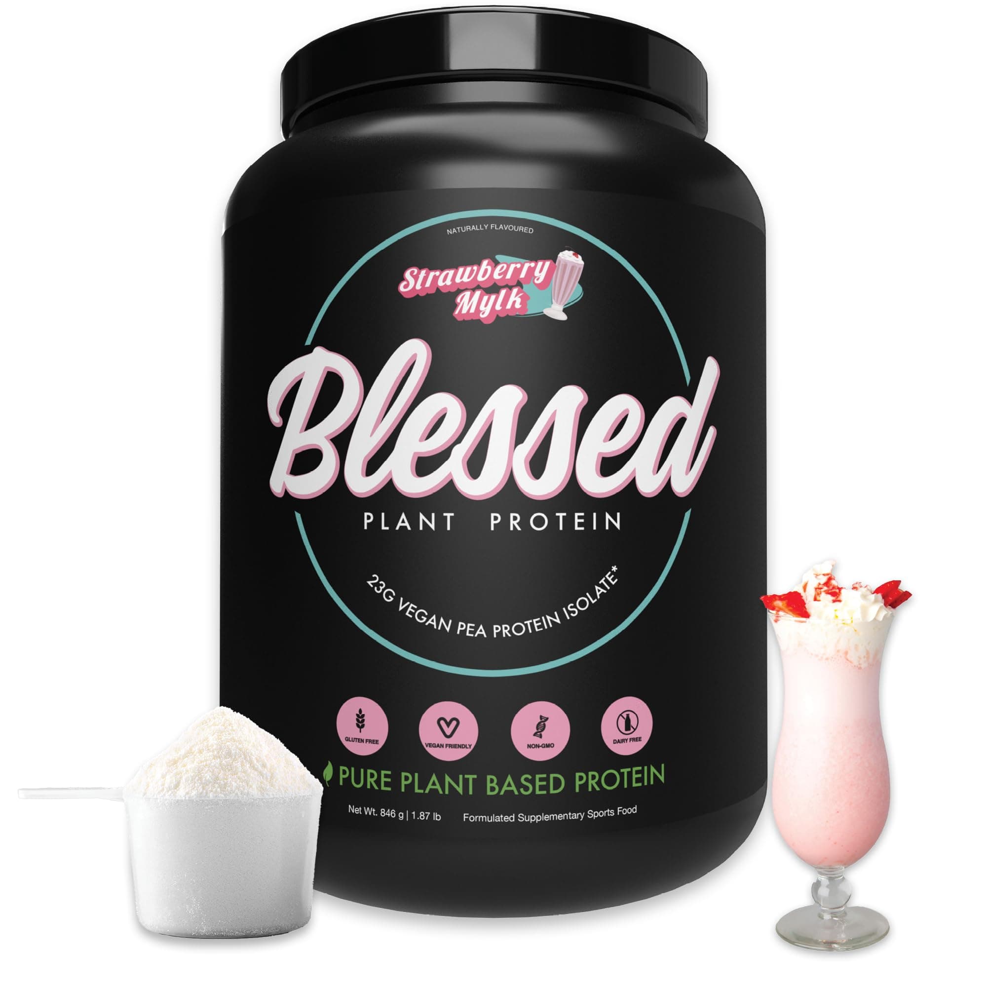 Blessed Vegan Protein Powder - Plant Based Protein Powder Meal Replacement Protein Shake, 23g of Pea Protein Powder, Dairy Free, Gluten Free, Soy Free, No Sugar Added, 30 Servings (Strawberry Mylk)
