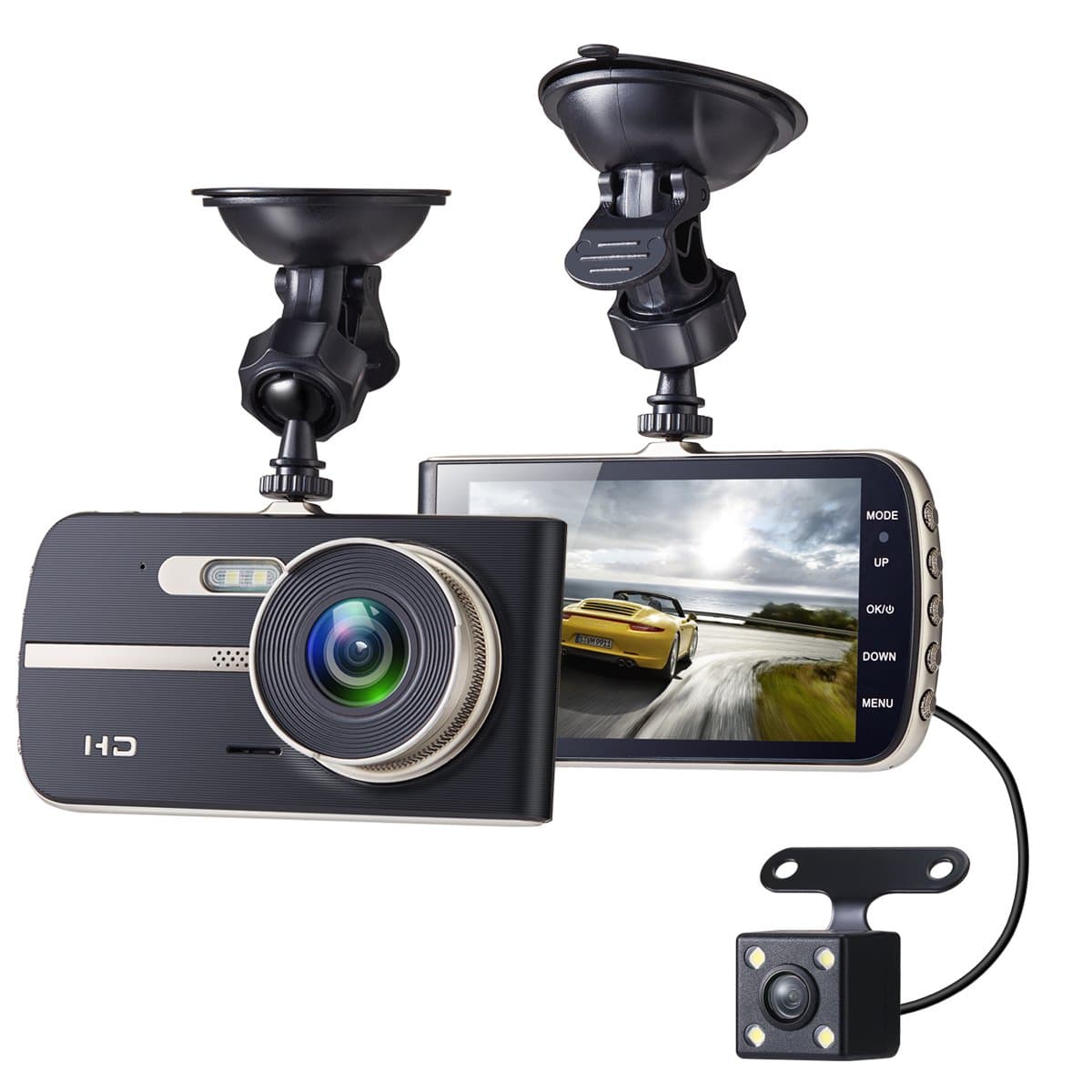 Full HD Car Dash Cam, 1080p Front Rear 290 Degree Super Wide Dashboard Camera with 4 Inches Screen, G-Sensor, Parking Mode, Loop Recording, Night Mode