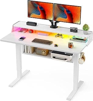 ErGear Standing Desk, 55" x 28" Electric Height Adjustable Desk with Storage Shelves, C-Clamp Mount Compatible, Ergonomic Sit Stand Up Down Computer Table with LED Light for Home Office, White