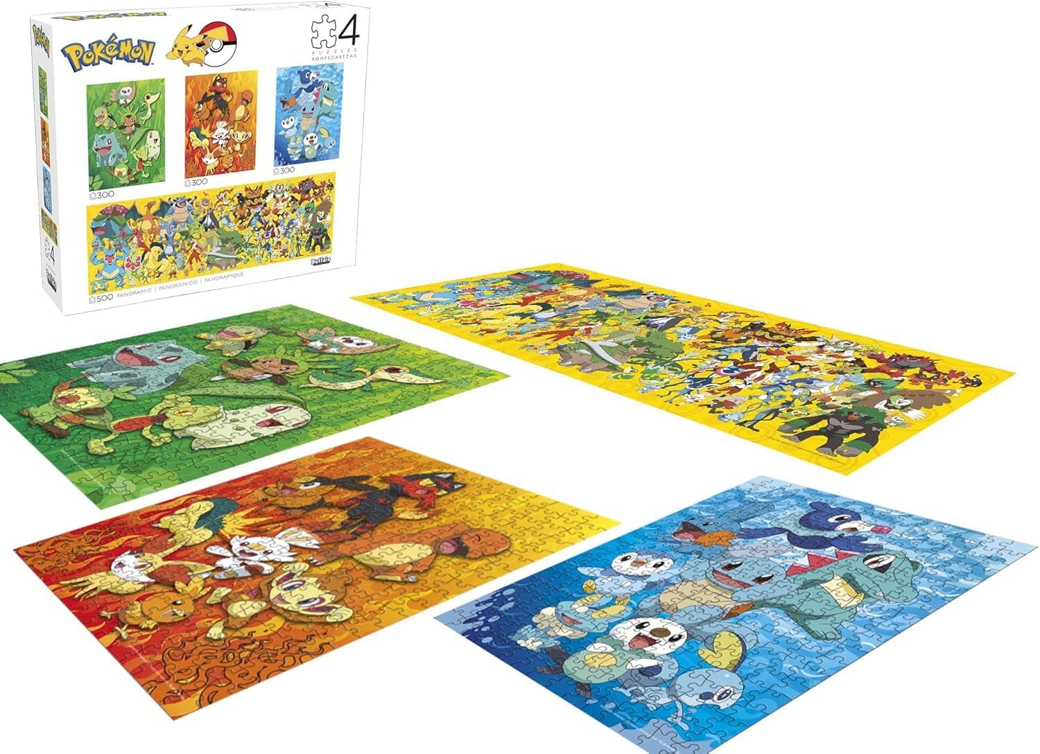 Buffalo Games - Pokémon - 4 x 1 Multipack - 500 Piece Panoramic Jigsaw Puzzle for Adults plus Three 300 Piece Puzzles - First Partner Pokémon Collection