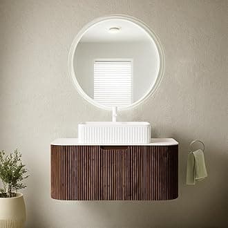 36'' Floating Bathroom Vanity with Sink, Natural Solid Wood Modern Bathroom Vanities with Rectangular Ceramic Basin and Marble Top, Soft-Close Large Drawer, Pre-Assembled Cabinet, Walnut