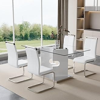 Glass Dining Table Set of 4, 63" Dinner Room Glass Table Set for 4, Modern Kitchen Dinner Table Set with 4 Upholstered Faux Leather Dining Chairs for Living Dining Office Room