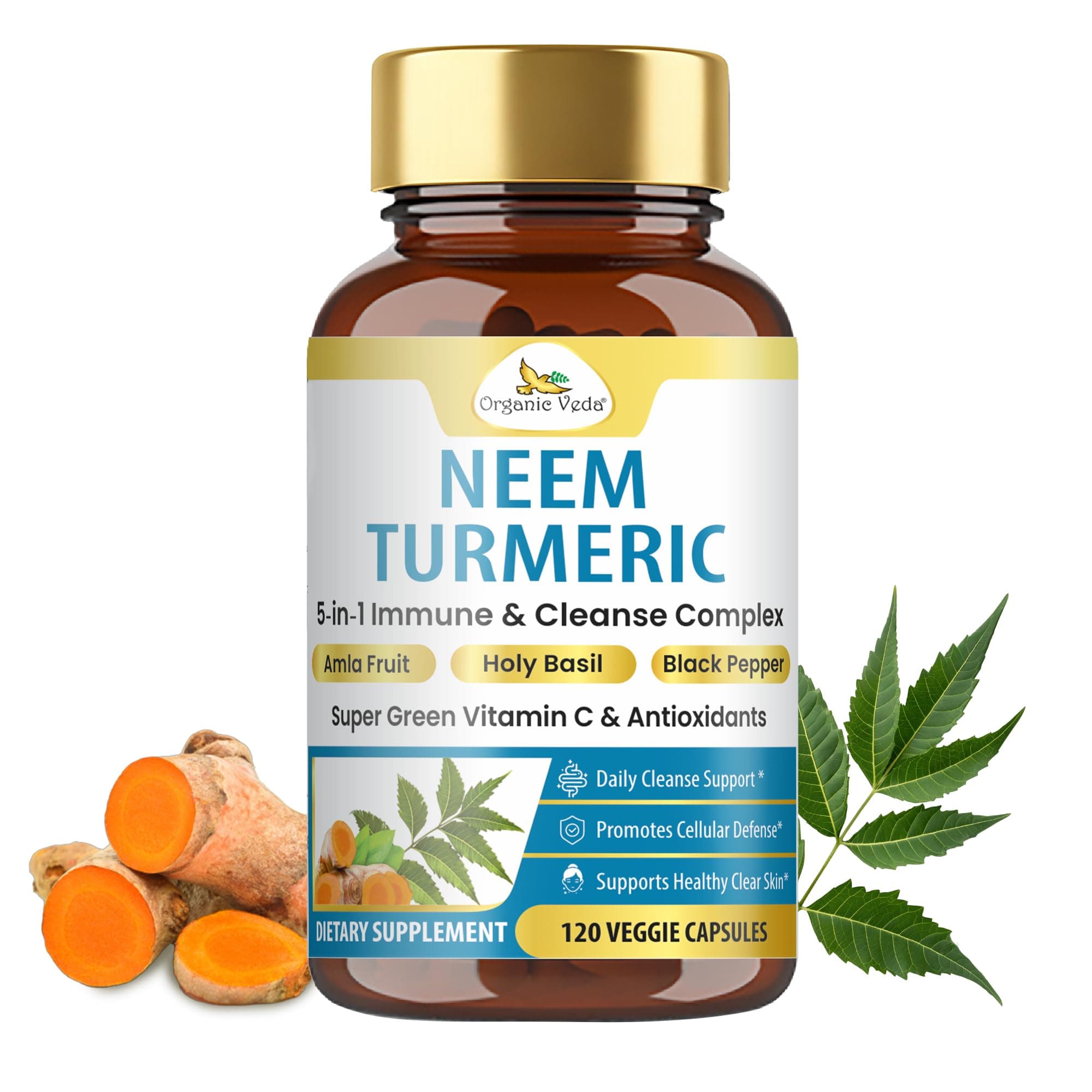 Organic Veda Neem Turmeric Capsules - 5 in 1 Herbal Complex with Amla Fruit, Holy Basil, Black Pepper - Immune, Cleanse, Skin & Gut Health Supplement with Vitamin C & Antioxidants 120 Vegan Capsules