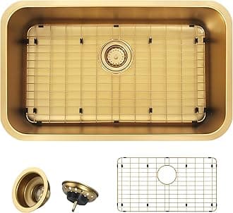 Gold Kitchen Sink, 30" x 18” x 9" Single Bowl Kitchen Sinks, 30 Inch Large and Deep Undermount Style Sink,30"x18" Stainless Steel Material with Sink Grid and Sink Drain Assembly