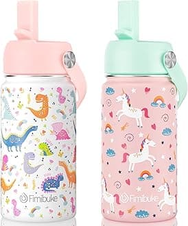 Kids Insulated Water Bottle, 14oz BPA FREE Double Wall Vacuum Tumbler 18/8 Stainless Steel Leak Proof Kids Cups with Straw Metal Bottle for School Boy Girl (2 Pack, UNICORN/WHITE DINOSAUR)
