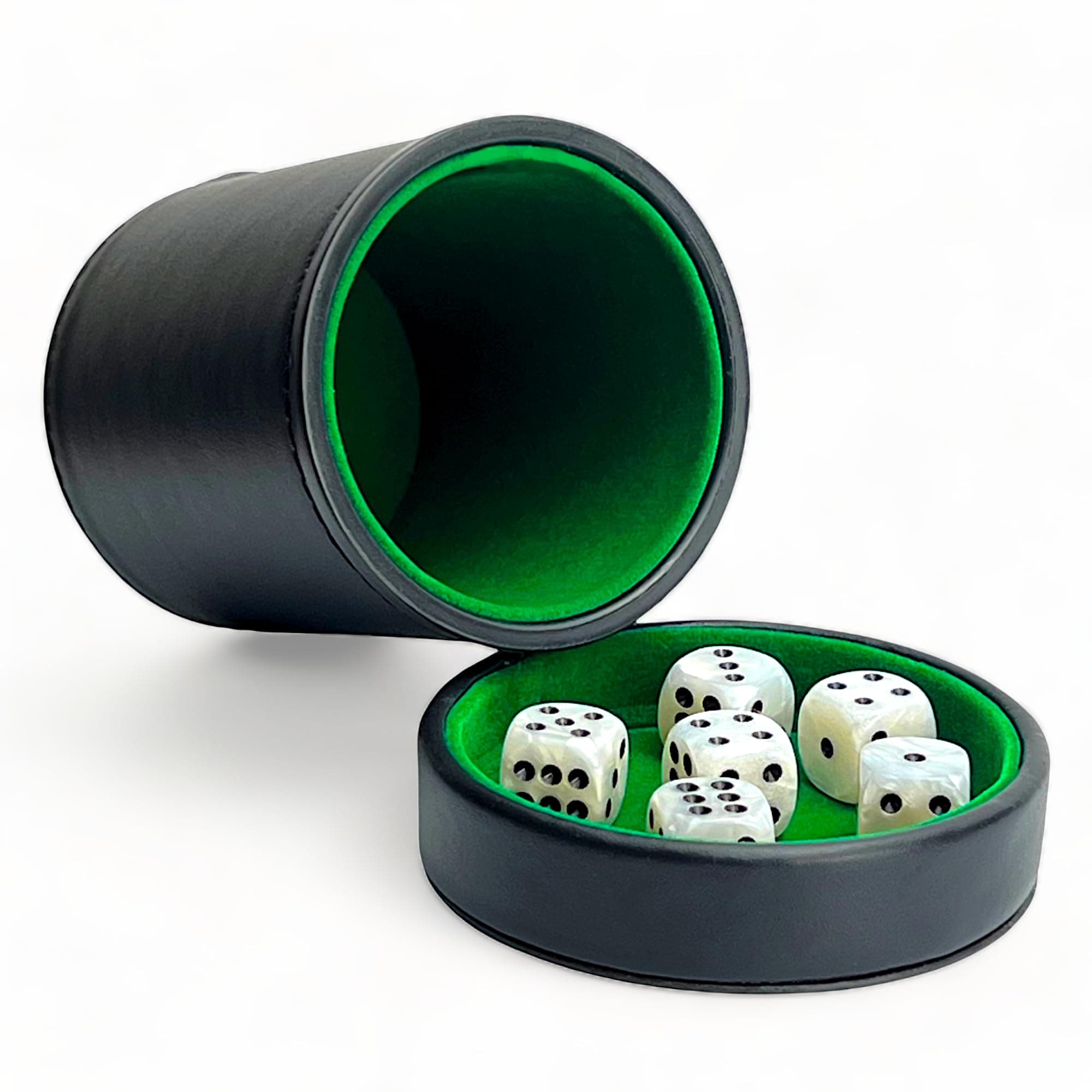 Luck Lab Black Leather Dice Cup with Lid Including 6 Matching Pearl Dice - Green Velvet Interior for Quiet Shaking - Use for Liars Dice Farkle Yahtzee Board Games