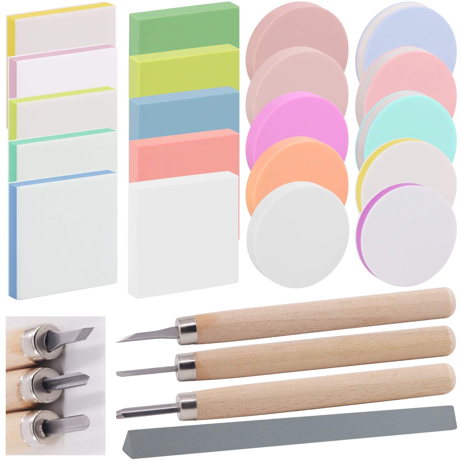 22 Pcs Mixed Rubber Stamp Carving Blocks Set with Carving Knives and Whetstone, Carve Block Printing Carving Block Kit for Printmaking, Scrapbooking, Sculpting, Stamping