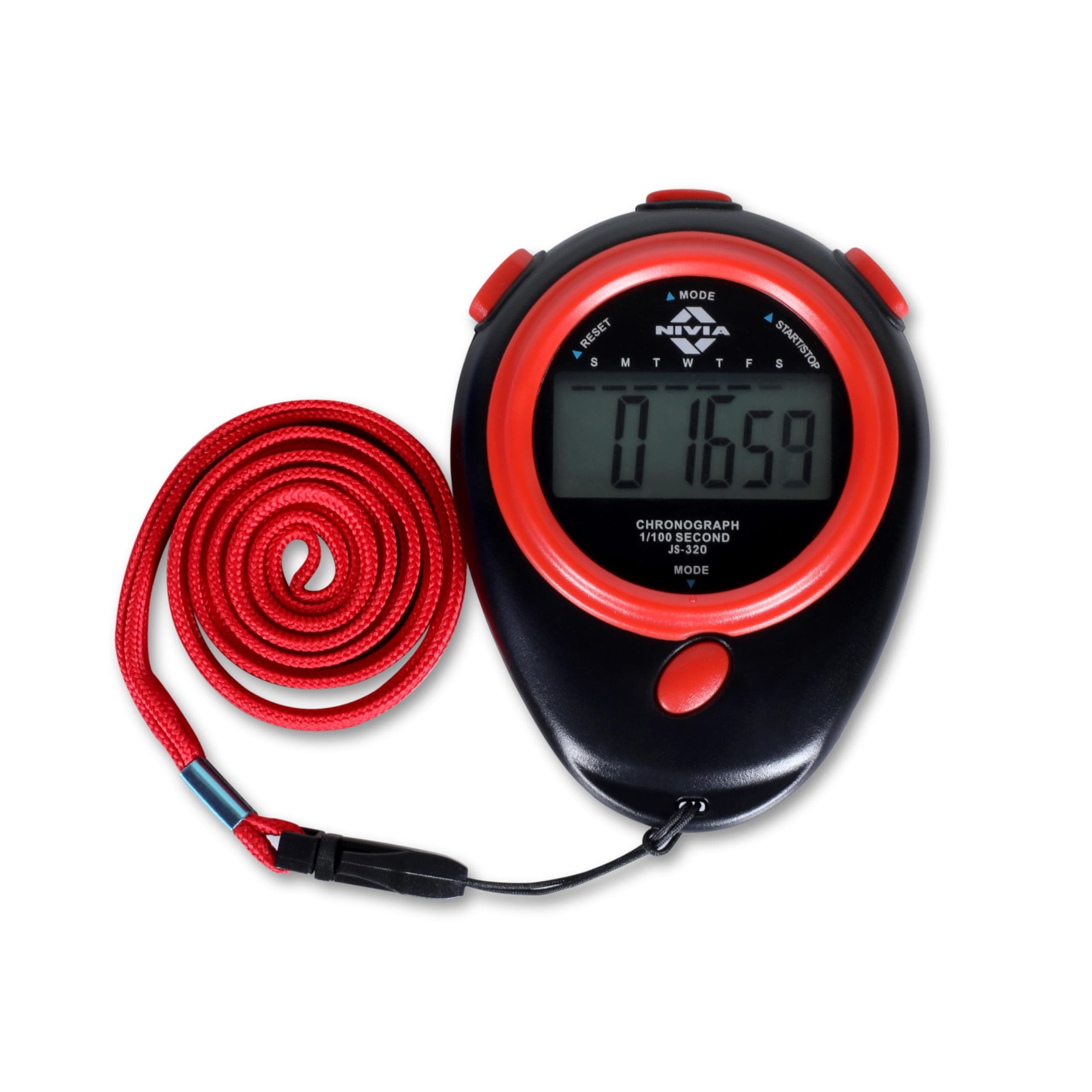 Nivia JS-320 | Multi-Function Electronic Digital Stopwatch | Large Display with Date Time and Alarm | Coaches, Sports Timer, Running, Gym, Outdoor (Black-Red)