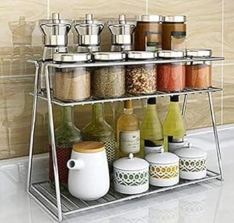 Stainless Steel-2 Tier Kitchen Rack-Spice Boxes-Organizer-Kitchen Stand -Cosmetic Organizer, Counter Top Basket -Floor Mounted Shelf For Home And Bathroom(33 * 15 * 24) Cm, Tiered Shelf