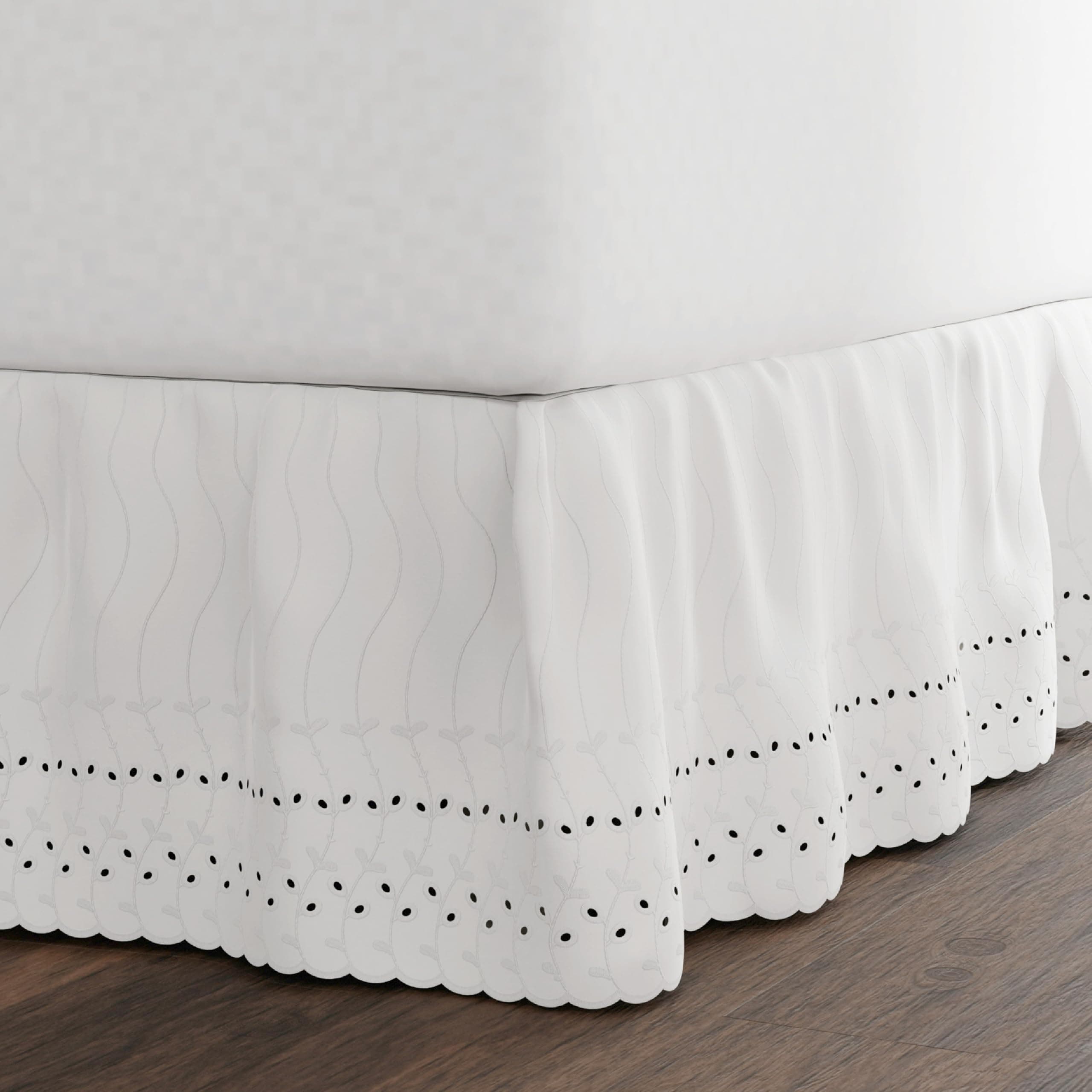 Eyelet Bed Skirt, Ruffled Design, 14 Inch Drop, Embroidered Scalloped Edge, Full, White