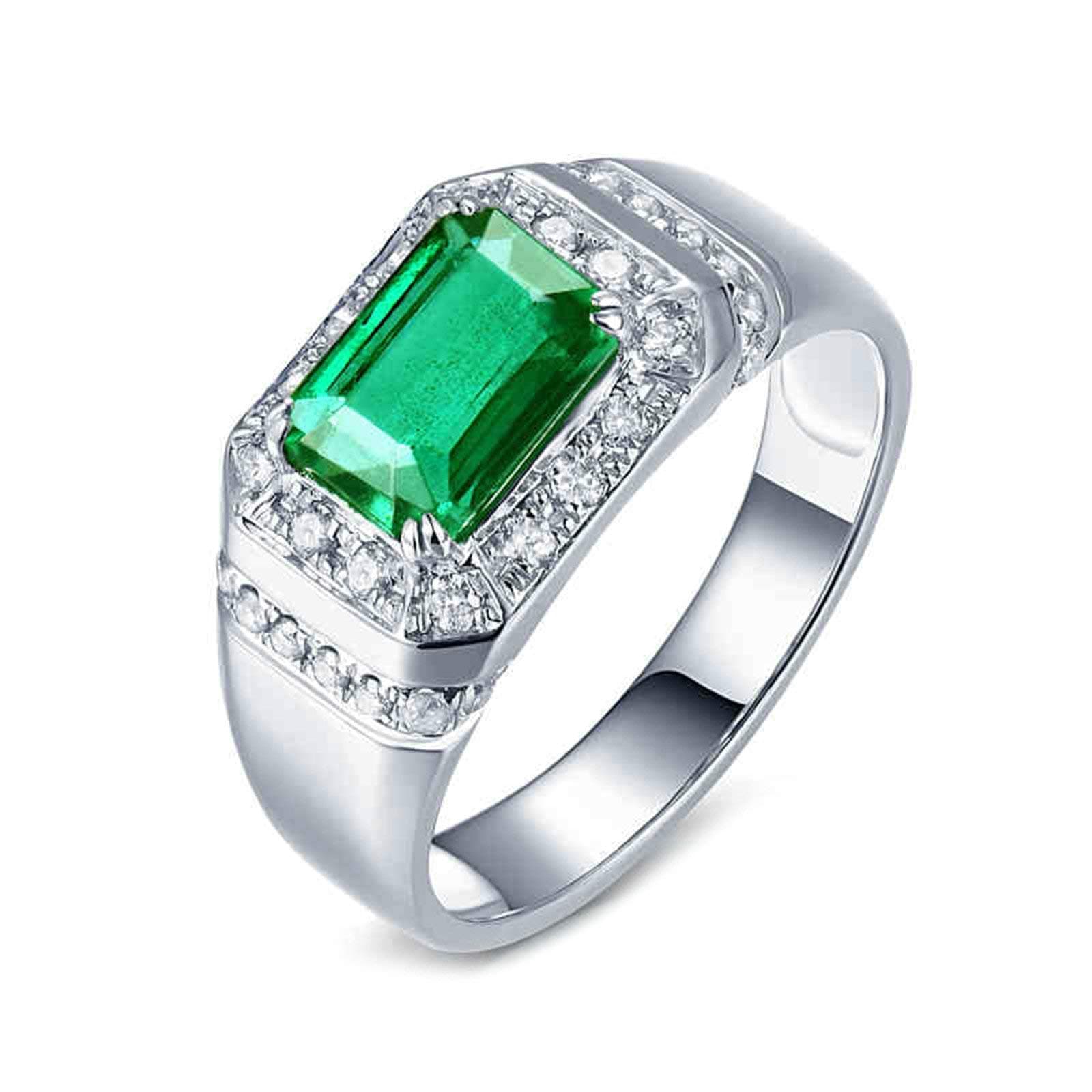 Lieson Platinum Ring for Men, Anniversary Ring for Him 1.42ct Rectangular Emerald with 0.35ct Diamond Promise Engagement Ring White Gold