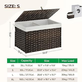 GREENSTELL Storage Basket with Lid, Handwoven Blanket Storage Basket with Cotton Liner and Metal Frame, Foldable & Easy to Install, Shelf Basket Bin with Handle for Bedroom, Laundry Room Brown 65L