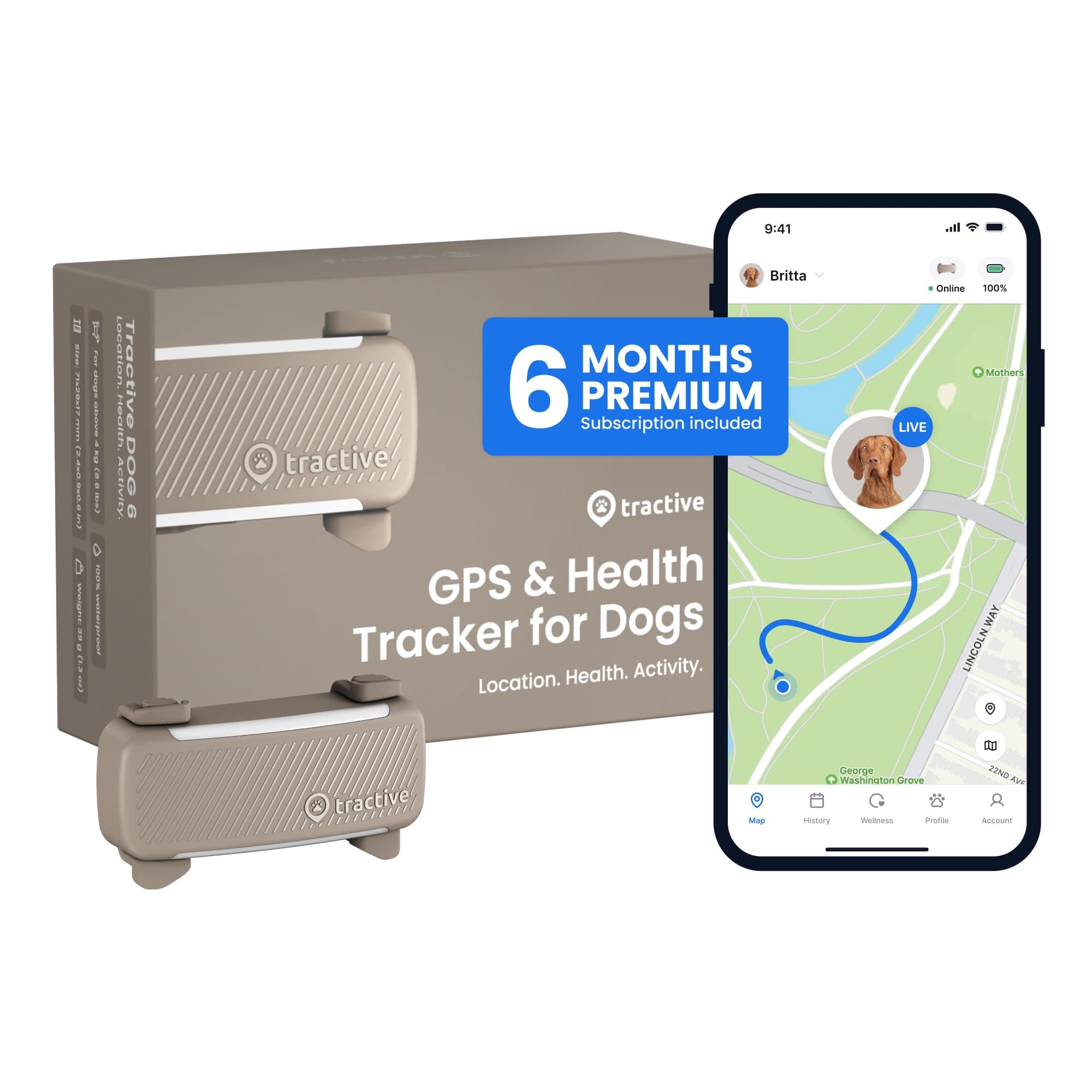 Tractive Smart Dog GPS Tracker with 6 Month Subscription | Live Pet Tracker with Virtual Fence | Vital Signs Monitoring of Heart & Respiratory Rate | Bark Monitoring | Dog Collar Attachment (Brown)