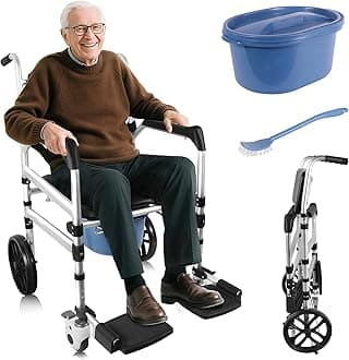 Rustproof Aluminum Frame Holds 400 lbs Smooth 360 Wheels with Locks for Safe Shower Chair Commode Transfer Aid for Senior Sturdy Rolling Height Adjustable Alloy Bathing Seat Bathroom Toilet Wheelchair