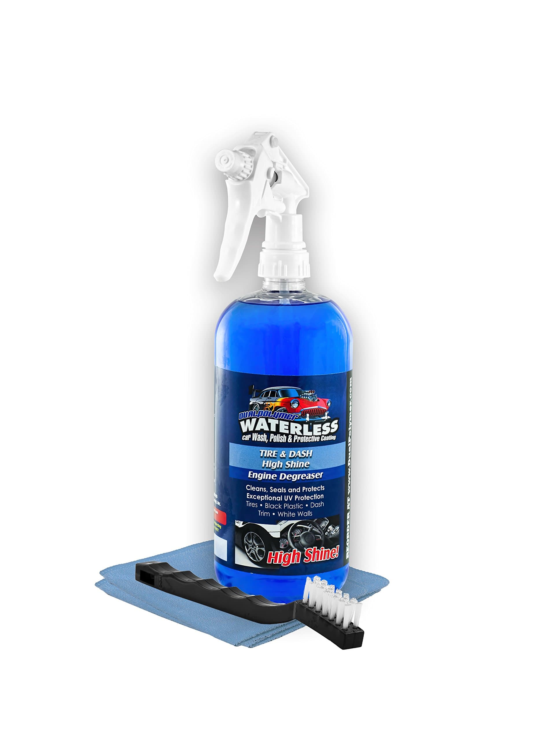 Dualpolymer Tire & Dash High Shine - Interior Cleaner - Tire & Plastic UV Protection - So Hard On Dirt You Can Degrease Your Engine - Blue Terry Cloth And Trim Brush Included
