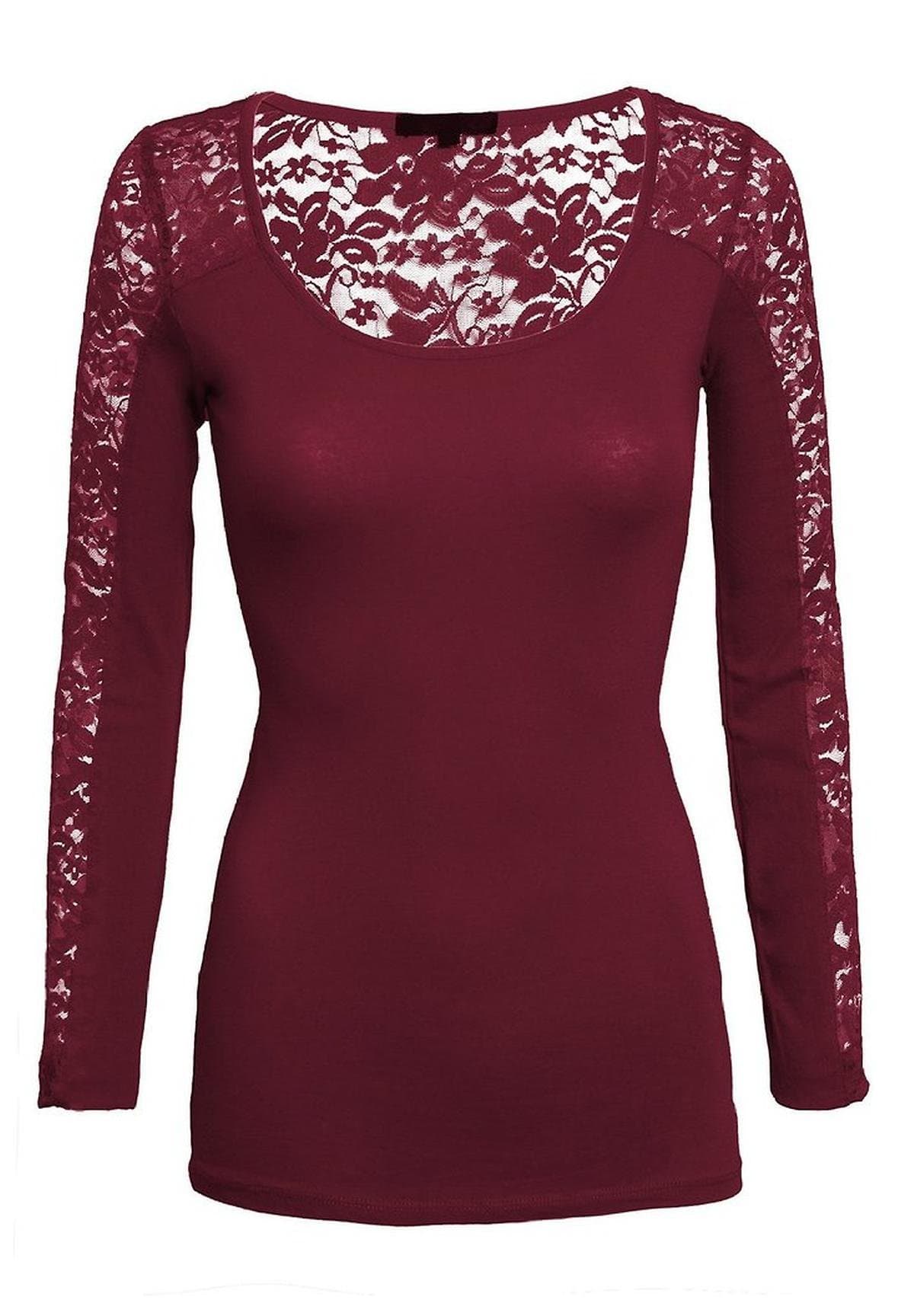 G2 Chic Women's Fashion Lace Long Sleeve Basic Scoop Neck Top Tee Shirt(TOP-SHT,DRD-S)