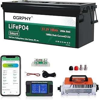 48 Volt Lithium Battery for Golf Cart with 18A Charger, 48V Lithium Battery with 200A BMS, LCD & Mobile Monitor, 5.12kWh with 10.24kW Output, 1000A Peak Current for Golf Cart(100AH)