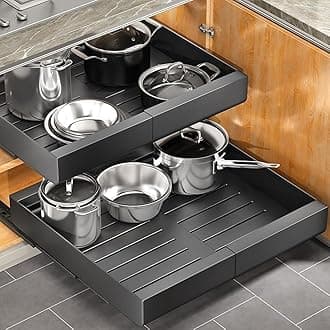 Pull out Cabinet Organizer, Expandable(11.7"-19.7") Heavy Duty Slide out Drawer Fixed with Adhesive Nano Film for Pots, Roll out Shelf Storage for Kitchen Cabinet Organization, Pantry, Bathroom