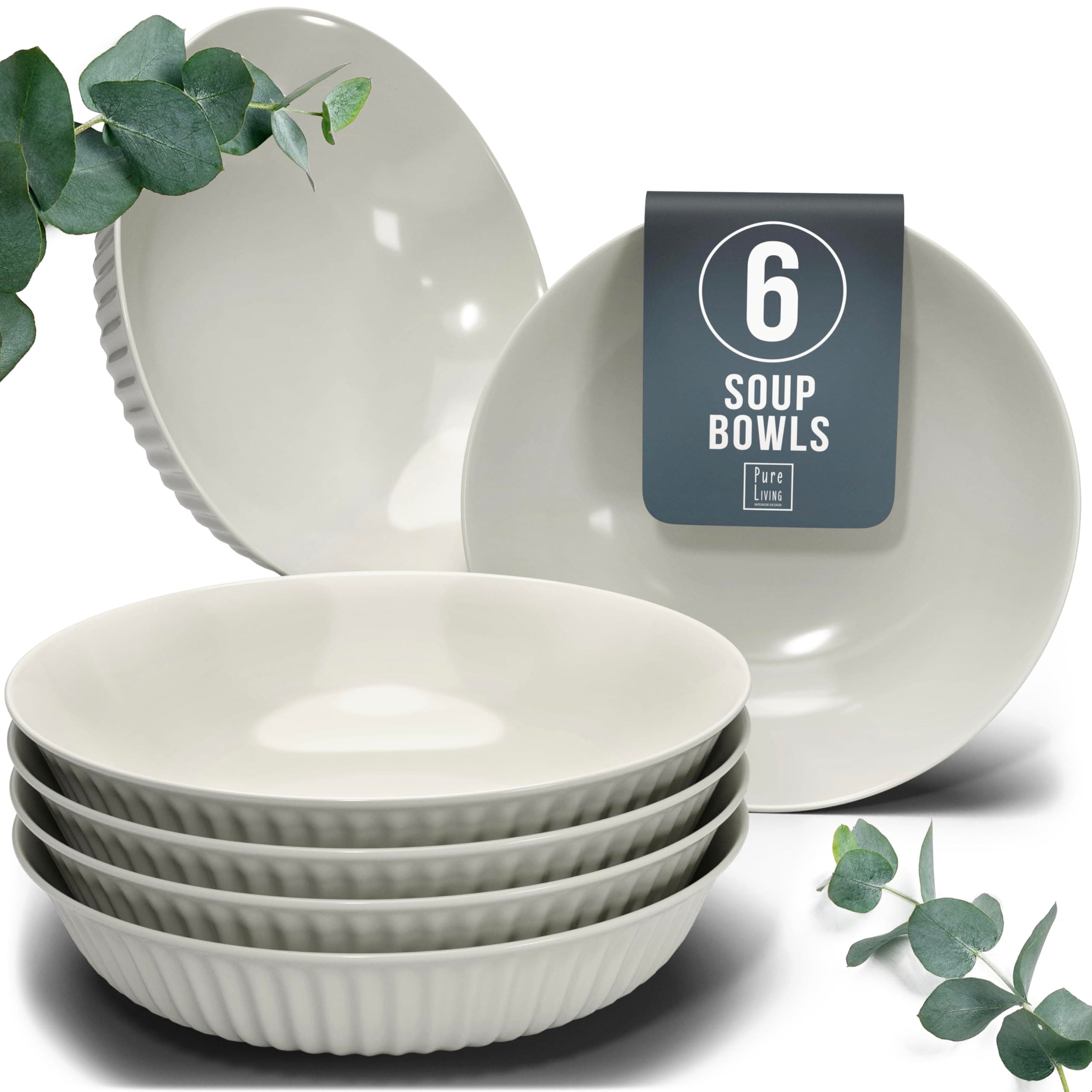 Stylish Soup Plate Set - Premium Stoneware, Scratch Resistant, Dishwasher and Microwave Safe - Stylish Deep Plate Set for 6, Large Deep Pasta Plates - Grooved Deep Plates in Beige