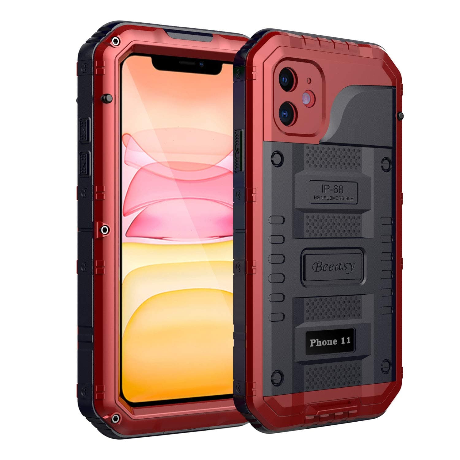iPhone 11 Case Red, Waterproof Shockproof Tough Heavy Duty, with Built-in Screen Protector 360 Degree Full Body Military Protective, Drop Proof Metal Rugged Cover for Outdoor Sport