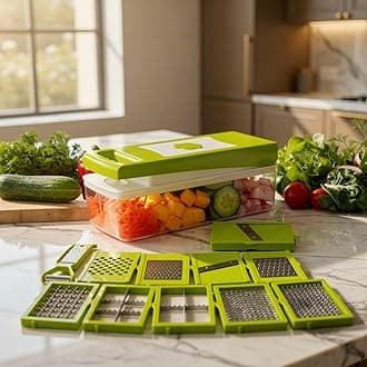 12-in-1 Vegetable Chopper & Slicer | Multipurpose Fruits & Vegetable Cutter, Grater, Peeler & Dicer | Unbreakable Food-Grade Body with Easy Push-to-Clean Button (Green)