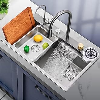 Hardstone 304 Grade Multifunction Kitchen Sink 30'' x 18'' x 10'' with Integrated Waterfall & Pull-down Faucet Set-Stainless Steel Sink with Cup washer and Drain Baskets (Color - Silver)