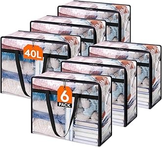 Lifewit 6 Pack Clear Clothes Storage Bags, 40L Plastic Blanket Storage Bag, Vinyl Foldable Moving Bags with Zipper, Closet Organizers and Storage Containers for Bedding, Duvet, Comforter