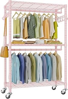 VIPEKR2 Plus Rolling Garment Rack Heavy Duty Clothes Rack, Metal Clothing Rack with Double Rods Adjustable Shelves, Freestanding Wardrobe Closet with Side Hooks for Storage and Organization, Pink