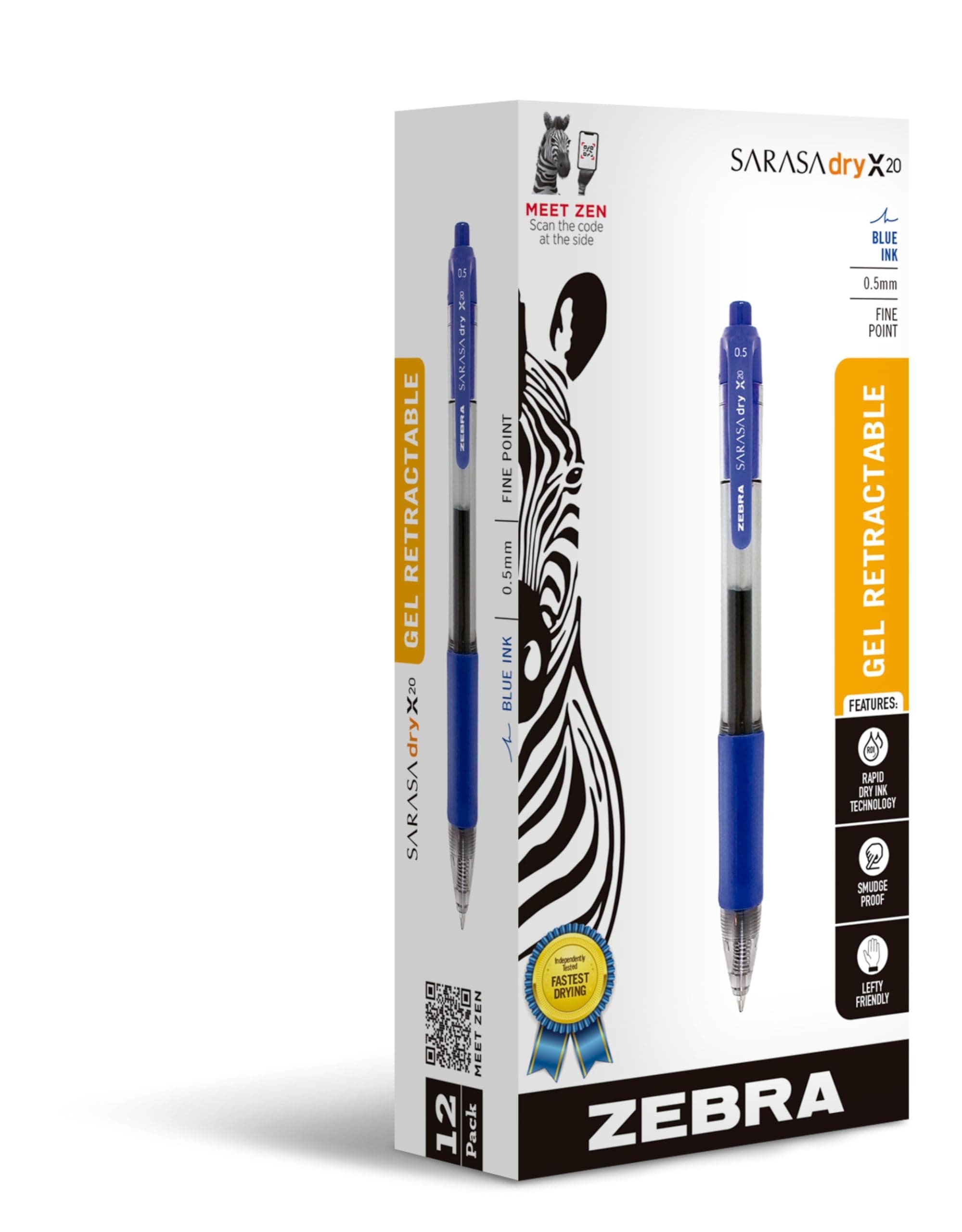 Zebra Pen Sarasa Dry X20 Retractable Gel Pen, Medium Point, 0.7mm, Blue Ink, 12-Pack