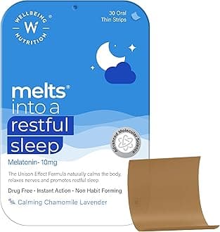 - Wellbeing Nutrition Melts Restful Sleep Aid | Plant-Based Melatonin 10mg for Better Sleep with Chamomile, Tagara, L-Theanine | Non-Addictive Sleep-Aid, Safe, Natural, 30 Oral Strips