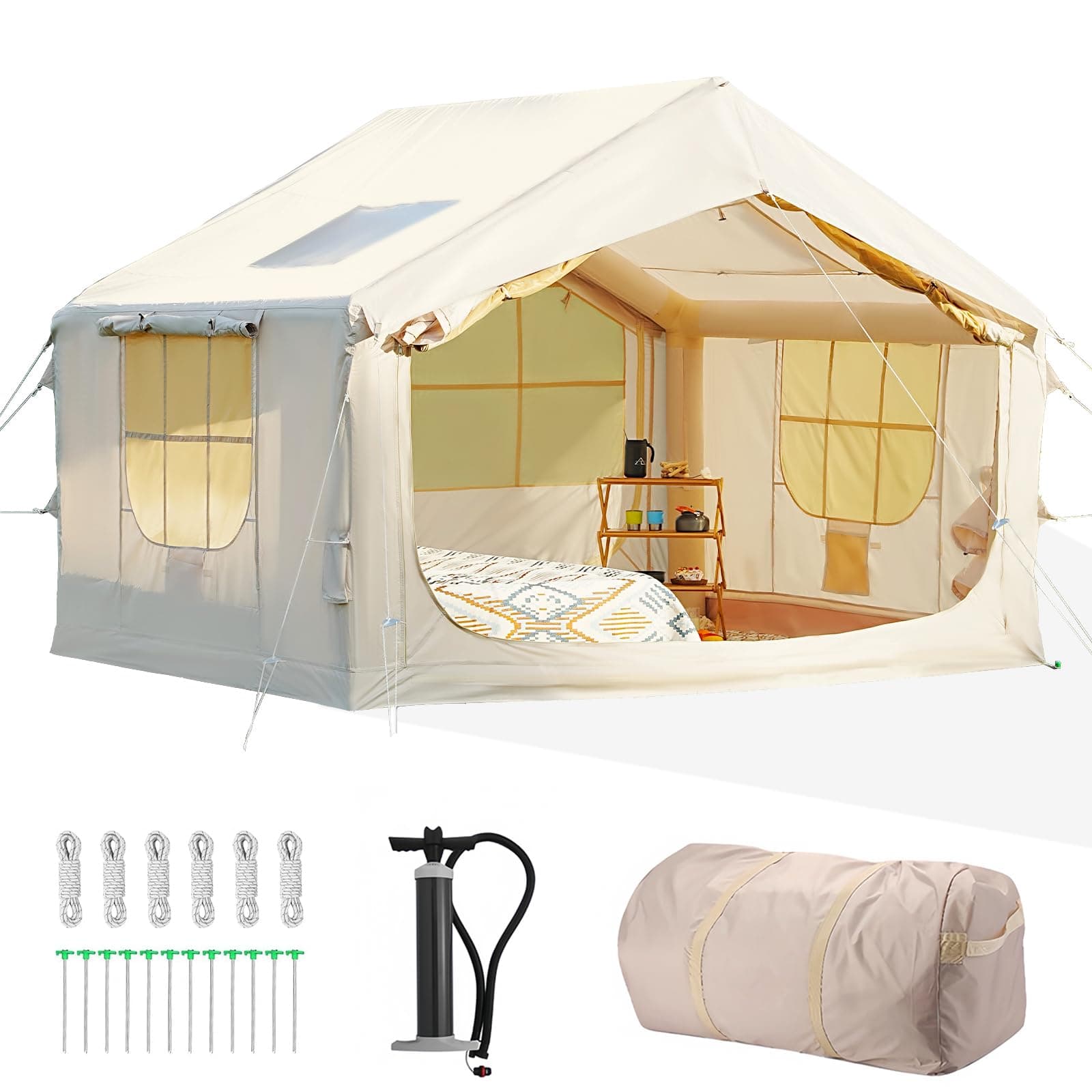 Glamcamp 4-6 Person Inflatable Tent - Quick Setup Air Tent with Stove Jack, 420D Oxford (PU2000), 15cm Air Beams, 2 Doors & Windows