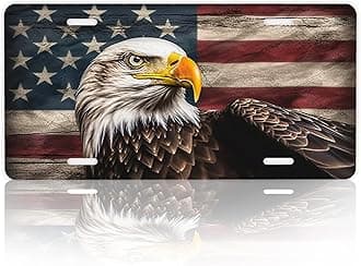 Front License Plate,American Flag with Eagle License Plates Cover Rust-Proof Stainless Steel Metal Car Plate Tag Funny Novelty Vanity Tag Screw Decorative for Men Women Display Use Only